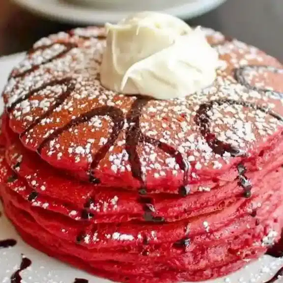 Red velvet pancakes topped with whipped cream and chocolate drizzle