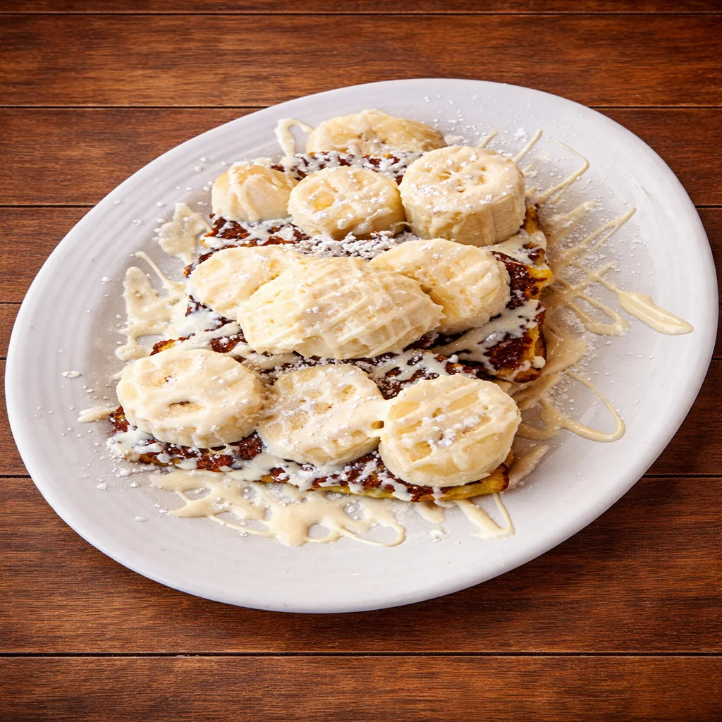 Banana pancakes topped with cream and syrup drizzle
