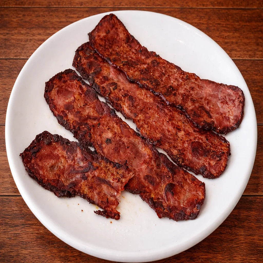 Crispy bacon strips served on white plate