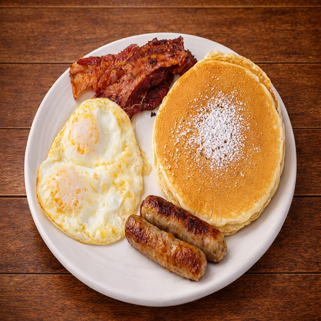 Classic breakfast with pancakes eggs sausage and bacon