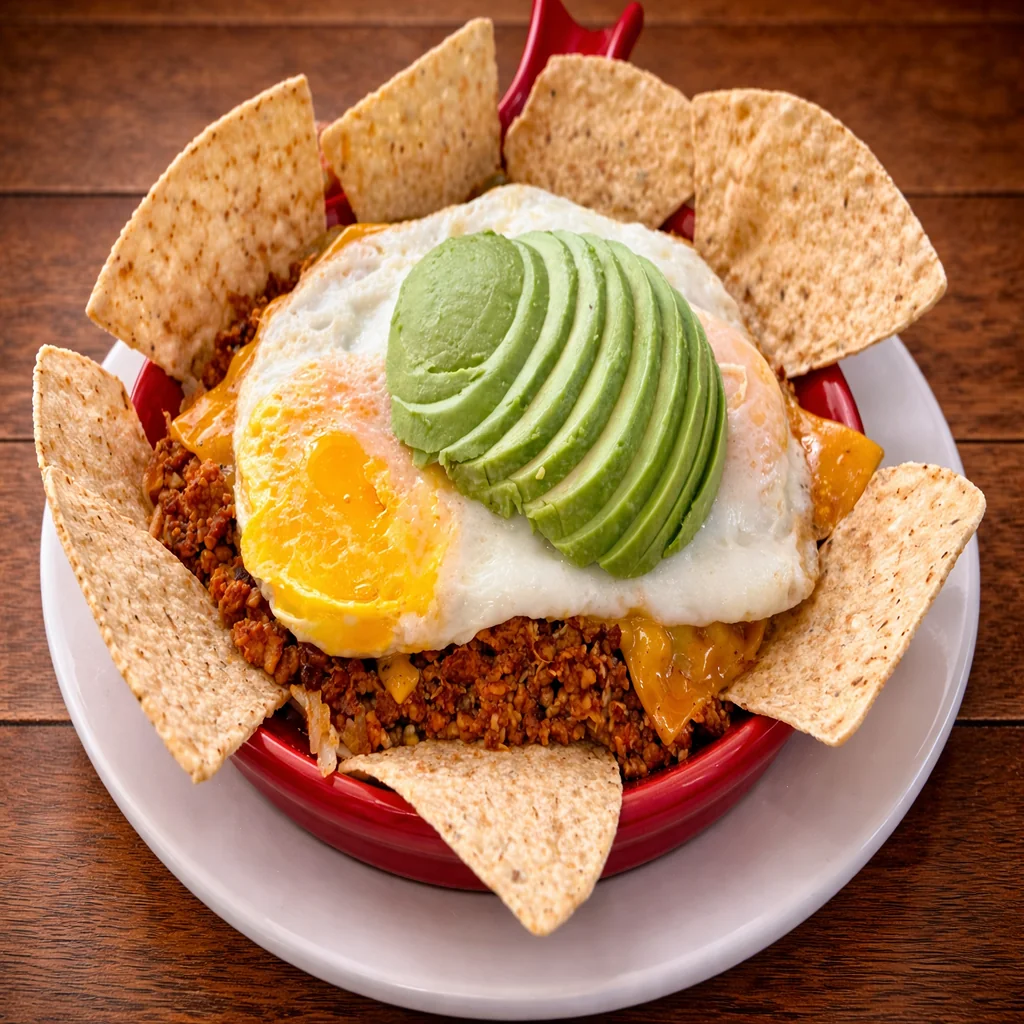 Breakfast nachos topped with egg avocado and cheese