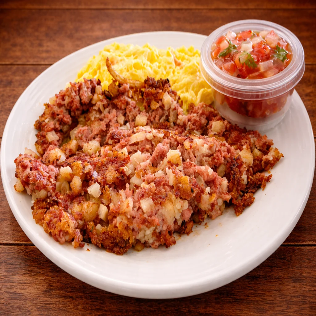 Corned beef hash with eggs and side of salsa